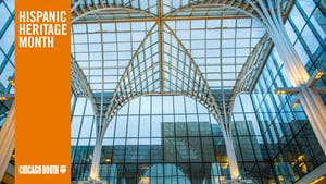 Zoom background Hispanic Heritage Month banner over Harper Center Image