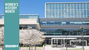 Zoom background Women's History Heritage Month banner over Harper Center Image